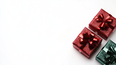 Red and green presents with a glittery ribbon on a white background with space for copyの素材