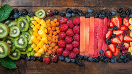 Top view of a rainbow fruit salad with melons, berries, and kiwis, placed on a wooden background with room for copyの素材