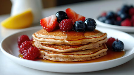 Kid-friendly whole wheat pancakes with fresh berries and honey drizzle, on a white plate, with copy spaceの素材