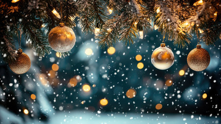 Snow-covered fir branches with hanging ornaments and twinkling lights. Copy space for holiday wishesの素材