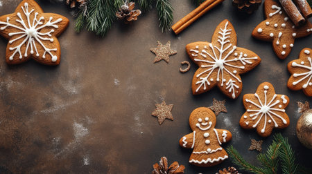 Top view of gingerbread cookies, cinnamon sticks, and holiday decorations with copy space for textの素材