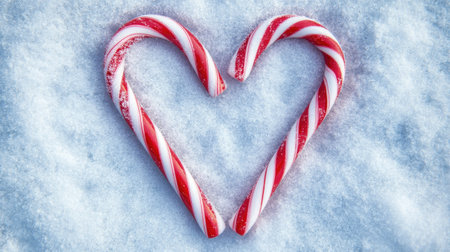 Red and white candy canes arranged in a heart shape on a snowy background with space for copyの素材