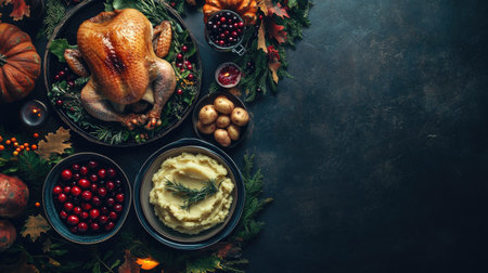 Top view of a festive Thanksgiving dinner table with turkey, mashed potatoes, and cranberries. Ample copy space for textの素材