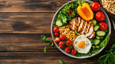 Top view of a balanced meal for children with lean proteins, veggies, and whole grains, featuring ample text spaceの素材