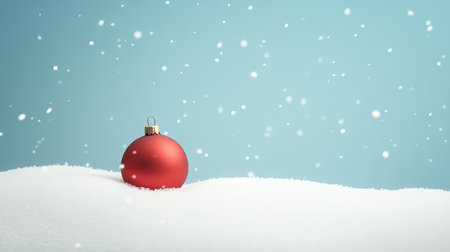 Minimalist Christmas scene with a single red ornament and white snow, allowing for textの素材