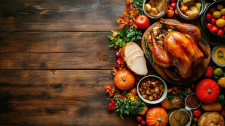 Top view of a rustic Thanksgiving feast, complete with turkey and autumn-themed dishes. Copy space for holiday greetingsの素材