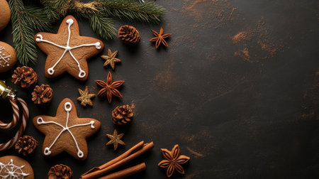 Top view of gingerbread cookies, cinnamon sticks, and holiday decorations with copy space for textの素材