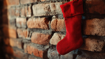 Red stocking hanging on a brick fireplace with copy space for a holiday messageの素材