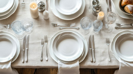 Top view of a sophisticated table setup with empty white plates, silver cutlery, and a linen napkin. Copy space for textの素材