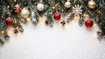 Snow-covered fir branches with hanging ornaments and twinkling lights. Copy space for holiday wishesの素材