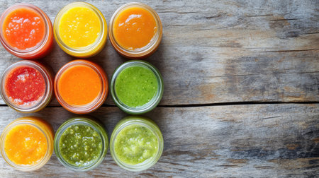 Top view of organic baby food jars with mashed vegetables and fruits, arranged with room for text on a wooden tableの素材