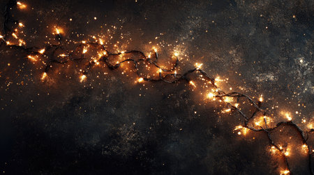 Sparkling Christmas lights on a dark background with copy space for holiday greetingsの素材