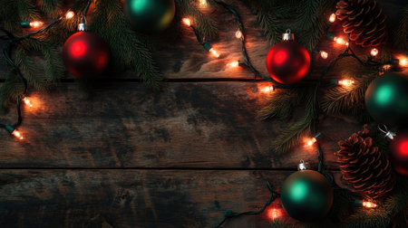 Red and green ornaments, pinecones, and fairy lights on a dark wooden background. Copy space availableの素材