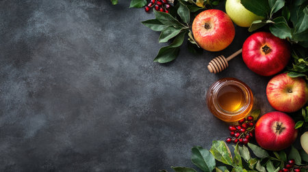 Top view of fresh apples, pomegranates, honey jar, and green leaves. Perfect for Rosh Hashanah designs with space for textの素材