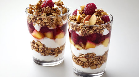 Kid-friendly yogurt parfaits with layers of fruit, granola, and nuts on a clean white background. Copy space includedの素材
