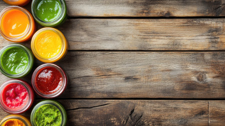 Top view of organic baby food jars with mashed vegetables and fruits, arranged with room for text on a wooden tableの素材