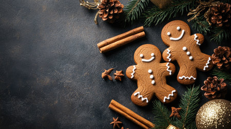 Top view of gingerbread cookies, cinnamon sticks, and holiday decorations with copy space for textの素材