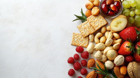 Wholesome snack options for children, featuring nuts, fruits, and crackers, with ample space for your textの素材