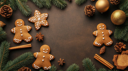 Top view of gingerbread cookies, cinnamon sticks, and holiday decorations with copy space for textの素材