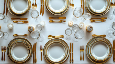 Top view of an elegant dining table set for a formal event with empty plates and gold cutlery. Plenty of copy spaceの素材