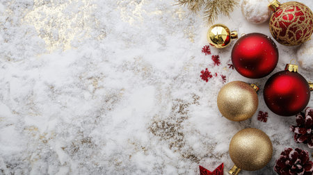 Red and gold Christmas decorations on a white snowy surface with space for textの素材