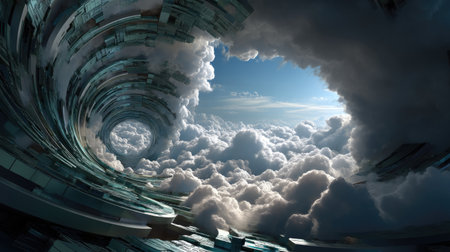 This surreal image features a dynamic spiral formation merging architectural elements and clouds, creating a dreamlike atmosphere with vibrant light.の素材