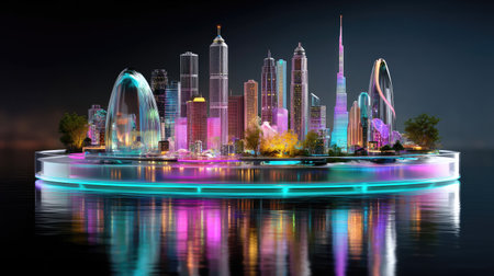A breathtaking view of a futuristic city skyline featuring vibrant colors and reflections on the water, creating a mesmerizing nighttime scene.の素材