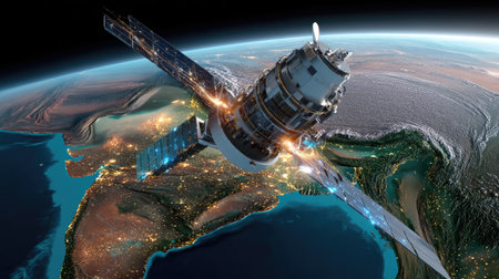 A stunning depiction of a satellite orbiting Earth, showcasing vibrant city lights across Asia and the planet's natural landscapes, emphasizing technology and exploration.の素材