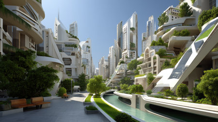 A stunning futuristic urban landscape featuring innovative architecture harmoniously integrated with lush greenery, rivers, and vibrant city life.の素材