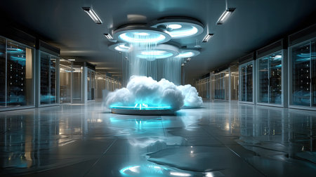 A captivating indoor water feature combines futuristic lighting and ethereal clouds, creating a serene atmosphere in a modern space. Ideal for creative projects.の素材