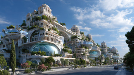 This stunning futuristic urban landscape features unique biophilic architecture seamlessly integrated with vibrant green spaces. The scene presents a harmonious blend of modern design and nature, showcasing tall, intricately designed buildings adorned with gardens and terraces. The clear blue sky enhances the beauty of this imaginative city, creating an inviting atmosphere that inspires exploration and innovation.の素材