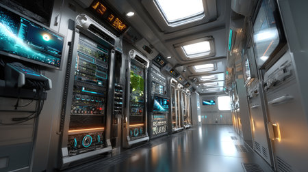 A high-tech server room filled with advanced equipment, showcasing illuminated server racks and modern design elements that enhance digital communication.の素材