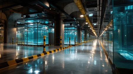 A striking image of a spacious industrial interior showcasing glass tanks along a sleek pathway, illuminated by soft blue lighting for a modern atmosphere.の素材