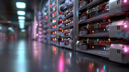 This image captures a detailed view of modern data center racks featuring colorful LED lights and network connections, highlighting the complexity of digital infrastructure.の素材