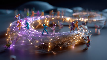 This imaginative scene showcases colorful miniature figures engaged in a spiral network of lights, symbolizing teamwork and innovation in a vibrant digital environment.の素材