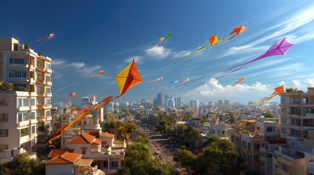 A vibrant scene of colorful kites soaring above an urban cityscape, showcasing a clear blue sky and wispy white clouds, capturing the essence of joy and freedom.の素材