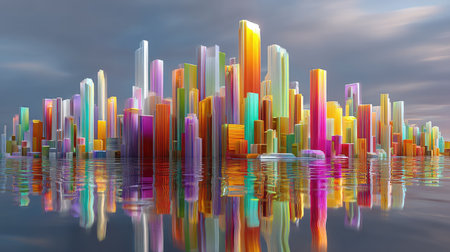 Explore a captivating futuristic cityscape with colorful skyscrapers reflecting in tranquil water. This vibrant skyline evokes a sense of wonder and innovation.の素材
