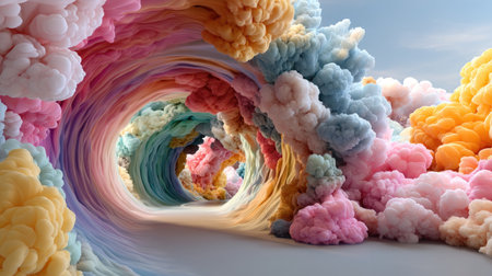 A stunning digital artwork portraying an abstract tunnel filled with soft, colorful clouds in pastel hues. The serene atmosphere creates a dreamy landscape perfect for creative projects.の素材