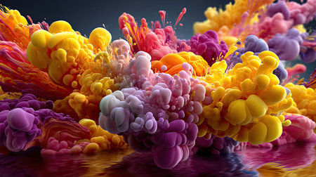 This stunning image showcases a vibrant explosion of color and bubbles, creating an abstract masterpiece. The fluid art style evokes creativity and movement, perfect for modern design.の素材