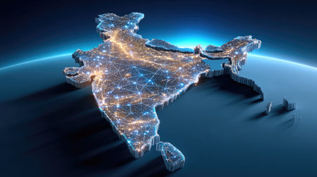 A stunning digital representation of India showcasing network lines and bright lights, symbolizing technological advancement and connectivity in modern geography.の素材