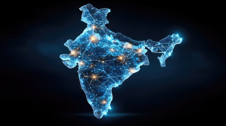 This vibrant digital map of India features a unique representation with glowing connections and network nodes, showcasing innovation and technology.の素材