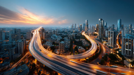 A breathtaking aerial capture of a vibrant city skyline at dusk, showcasing illuminated roads weaving through modern skyscrapers against a colorful sky.の素材