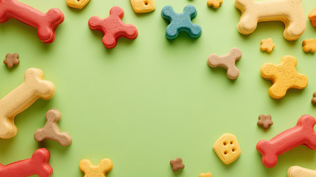Dog treats and play items, top view with clean background and space for brandingの素材