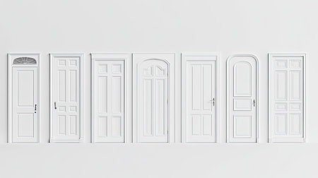 Set of white doors, isolated on a plain background, with space for text or brandingの素材