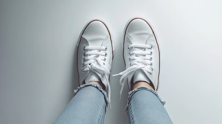 Feet wearing stylish sneakers, top view, with white background and copy space for product adsの素材