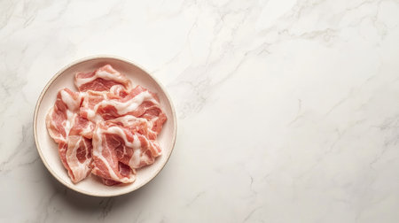 Top view of fresh bacon in a bowl, white tile surface with copy space for food-related designsの素材