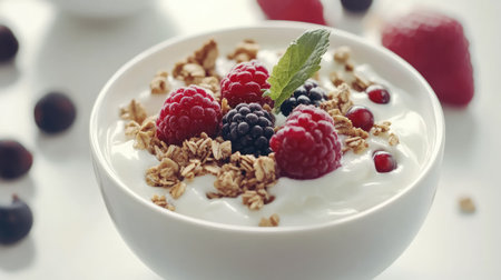 Nutritious breakfast bowl with yogurt, berries, and granola for kids, on a white background with ample copy space for textの素材
