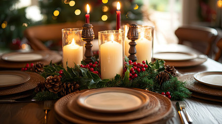 Festive table with Christmas candles and holly berries, leaving room for text in the centerの素材