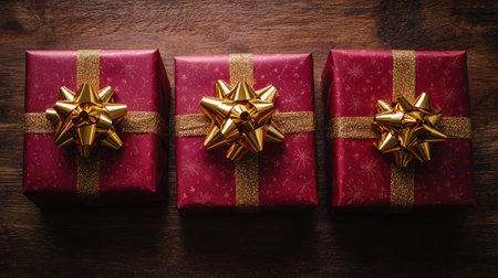 Christmas gifts wrapped in red paper with golden bows on a wooden background. Copy space availableの素材