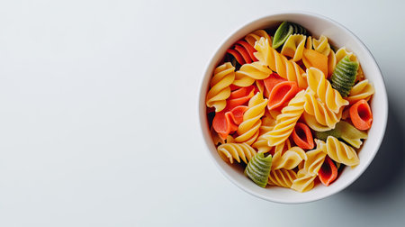 Top view of colorful pasta in a white bowl, clean background with room for your text or designの素材